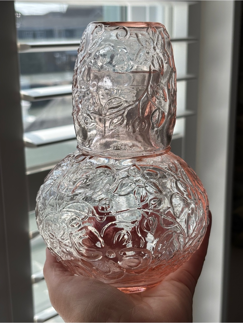 Vintage Pink Floral Depression Glass Bedside Carafe "tumble-up" - Picture 10 of 10